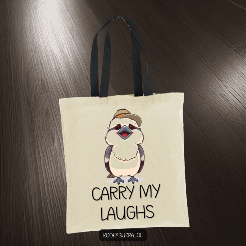 Funny tote bag showing off a cute kookaburra in a small hat, happily laughing for a whimsical carry-all.