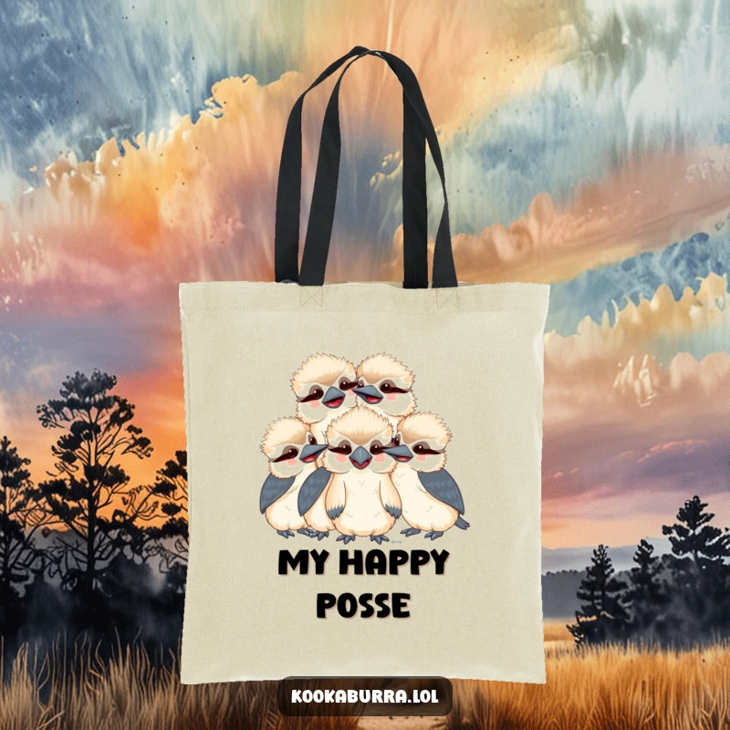 Funny kawaii kookaburra tote bag with a group of smiling, giggling birds huddled together, perfect for stylish and humorous carrying.