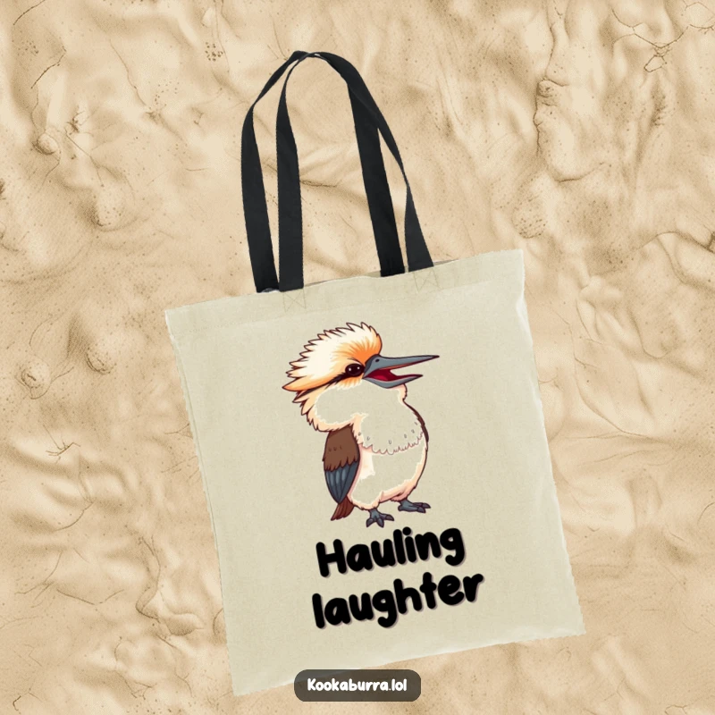 Funny kookaburra with head thrown back in exaggerated amusement, a humorous tote bag design for carrying joy.