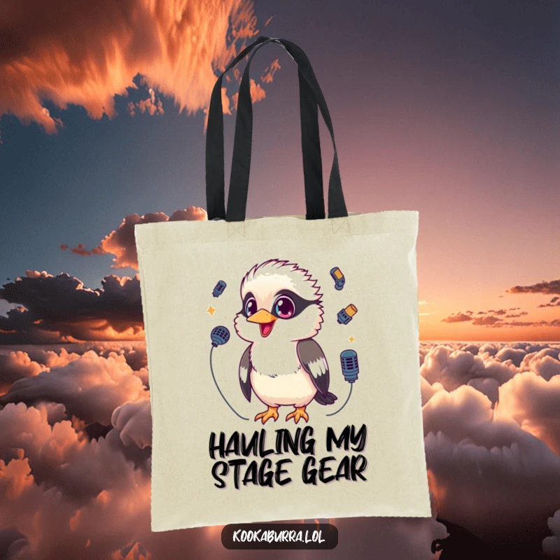 Funny Kookaburra Tote Bag showing a kawaii kookaburra with sparkling eyes, juggling three tiny microphones, perfect for carrying music gear.