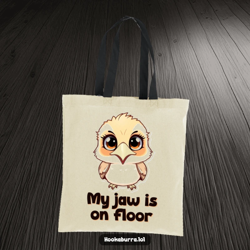 Funny surprised kookaburra tote bag showcasing a bird with wide eyes and a dropped jaw, ready for a hilarious grocery run.